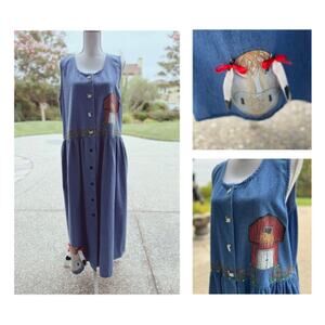 Vintage Farm Hand Painted Denim Dress Size 16W-XL | SAME DAY SHIP or NEXT DAY